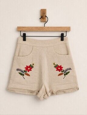 Tularosa Floral Embroidered Boho Linen Blend Shorts Women's Size Small Beige